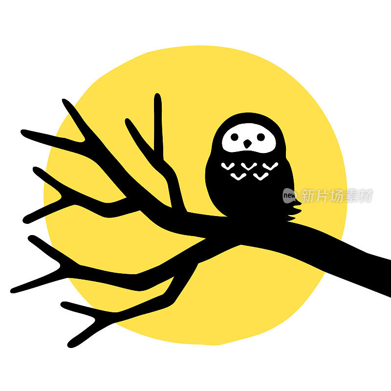 Illustration of a full moon and an owl perching on a bare tree